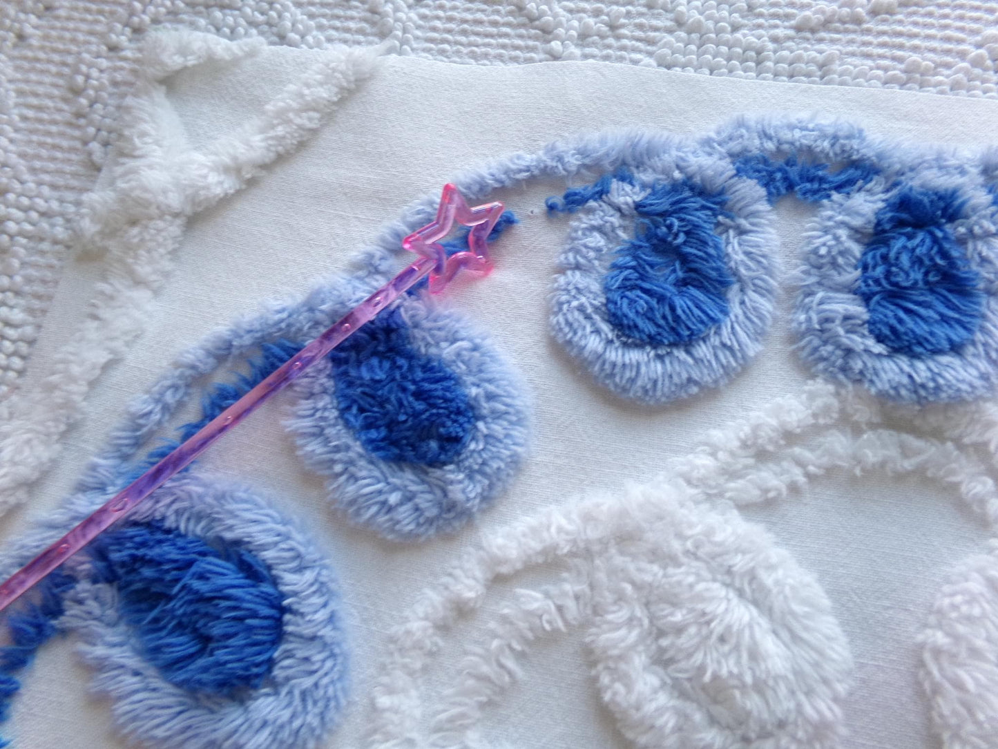 shabby pink & blue vintage chenille heart fabric, trio of roses with curlicue swirls, 18" x 22" piece of sewing material great for pillow