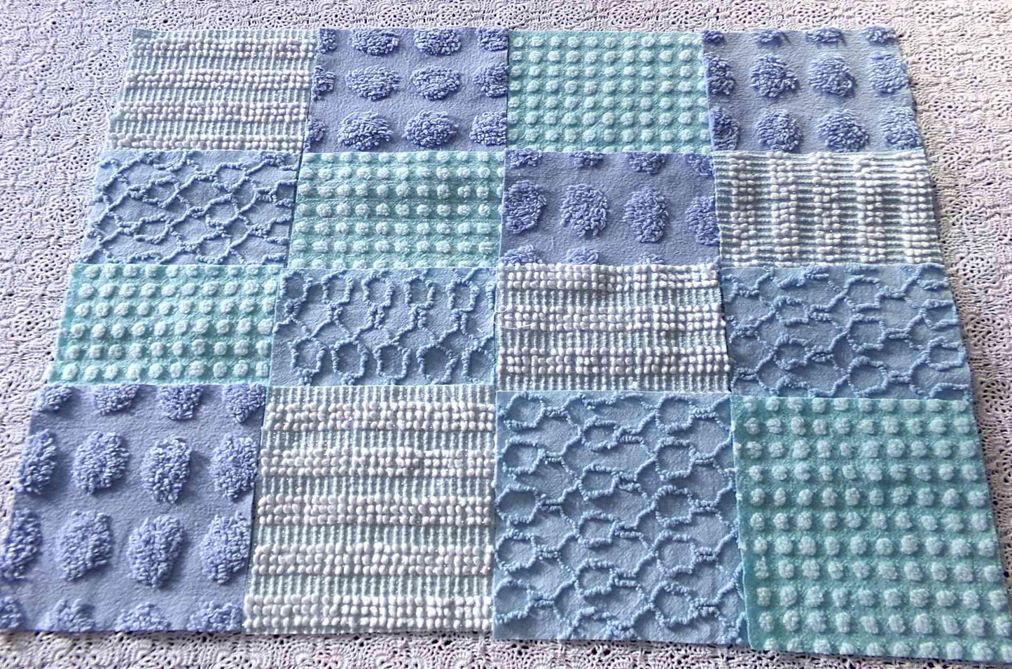 lake breeze vintage chenille quilt squares, set of 16 cool blue & aqua cotton 6" quilt blocks for quilting, upcycling into crafts