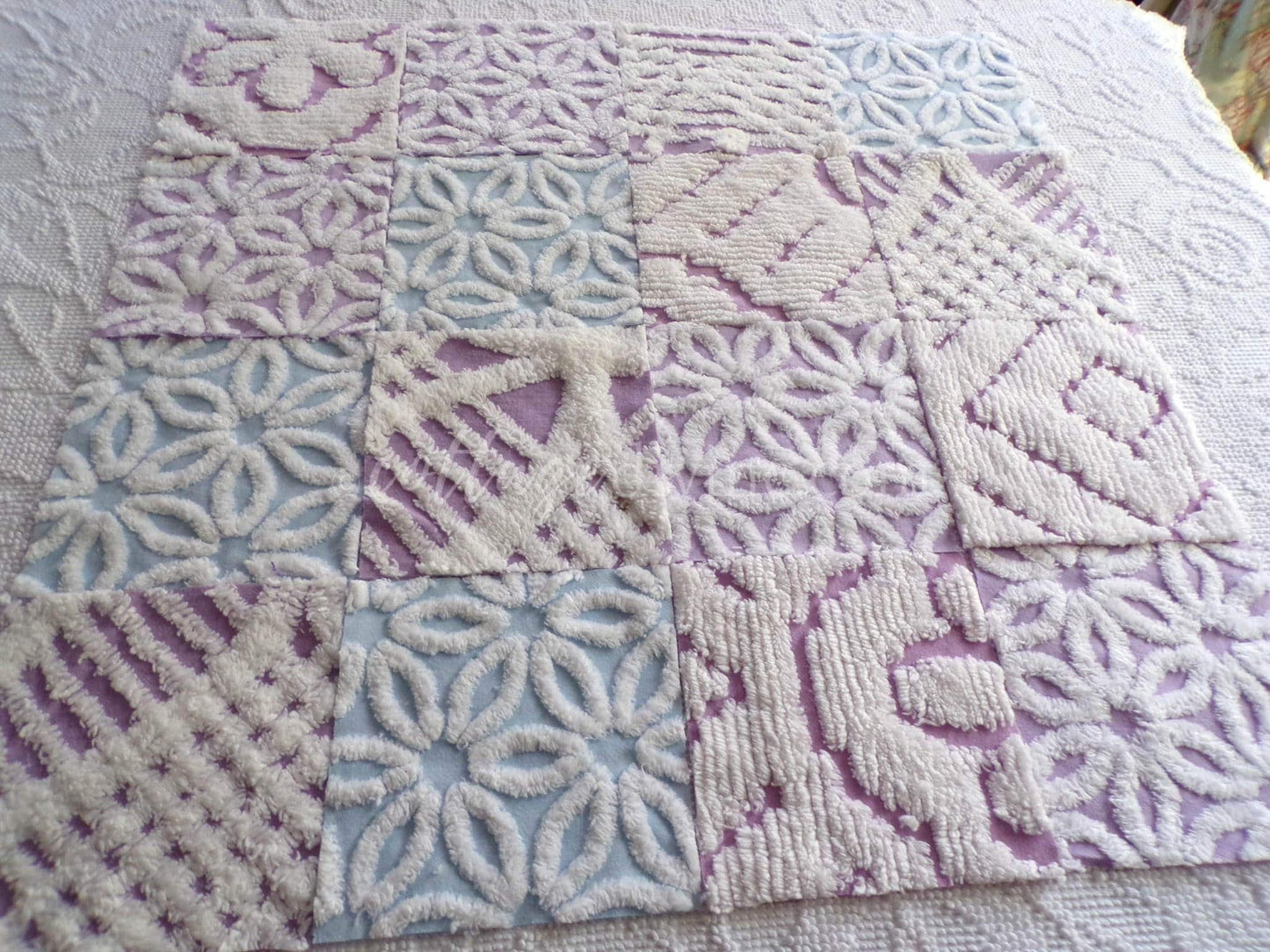 Peaceful Dreams Chenille Fabric Squares Set in Lilac, Blue & White, 16 Vintage Rotary Cut Quilt Blocks, 6" x 6" inch