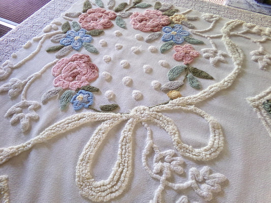 Romantic Cottage Chic Vintage Chenille Fabric, 28" x 26" Piece, Needletuft Floral Wreath Ivy Bow, for Quilting, Sewing, Fiber Arts, Crafts