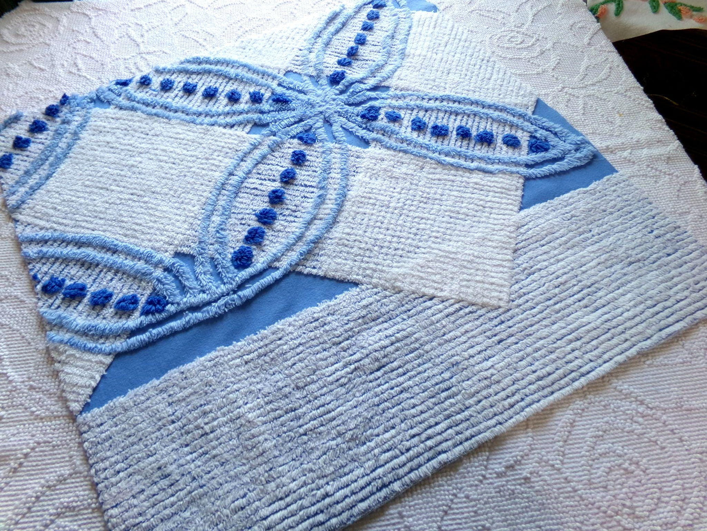 mystic coastal blue & white vintage chenille fabric, starburst geometric pattern, 22" x 23" inch piece of unique cotton sewing material