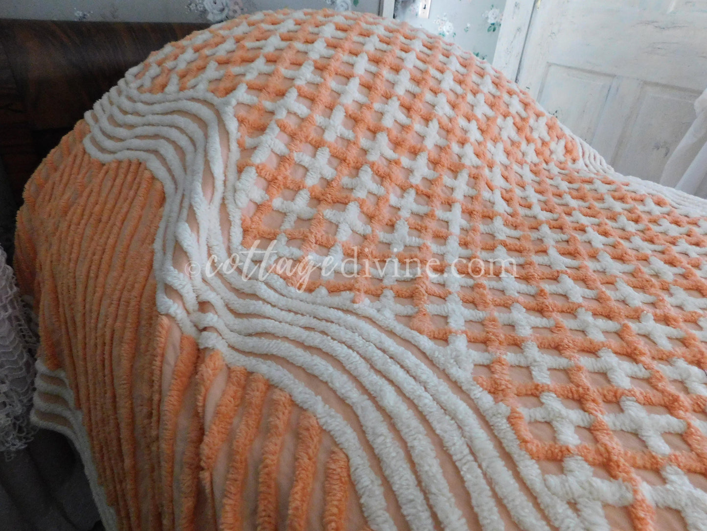 Delicious Peach Creamsicle Vintage Chenille Bedspread, 100% Plush Cotton, Twin Size