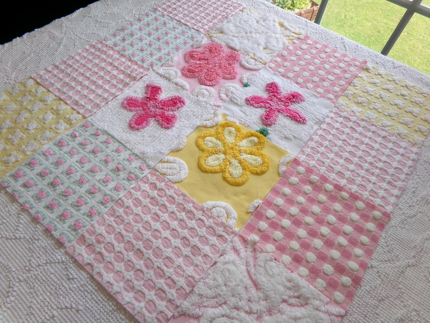 vintage chenille fabric squares, "spring sunrise" set of 16 floral 6" quilt blocks in yellow, pink & white