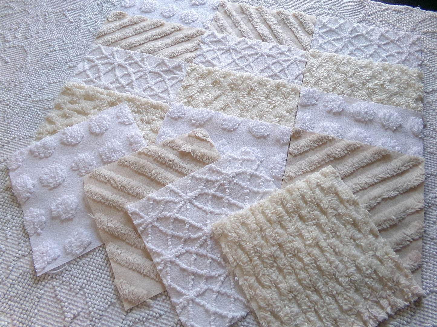 chic neutral chenille fabric squares, set of 16 vintage tan & white quilt blocks 6" ea, coin dot, geometric, infinity, for crafts, quilting