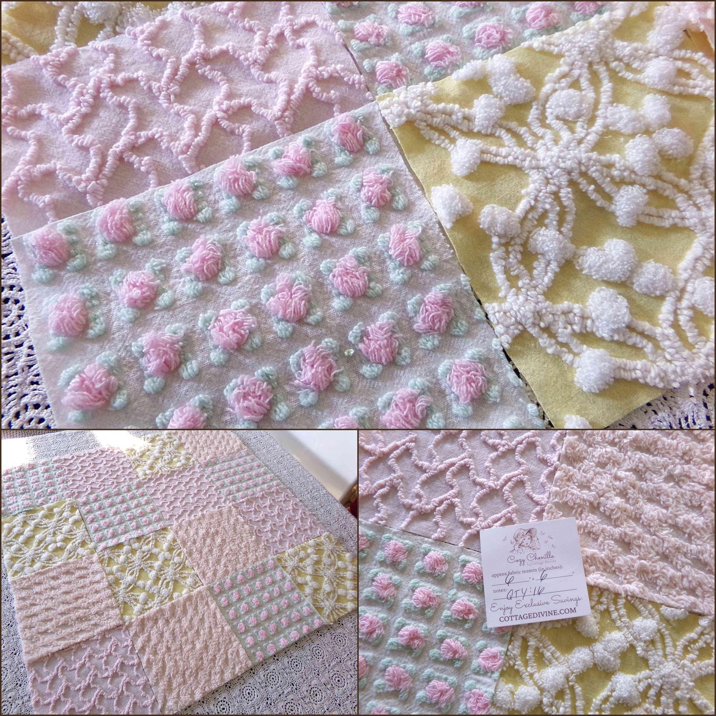 Whispers of Spring Vintage Chenille Fabric Squares Set 16 Blocks, 6" inch ea in Peach, Yellow, Pink & White daisies, rosebud, lattice, pops