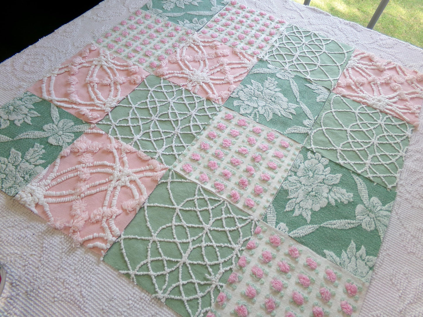 enchanted garden vintage woven & chenille fabric squares, set of 16 pink jade 6" quilt blocks for crafts, sewing, diy pillow covers