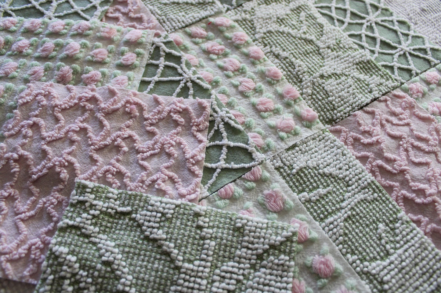 rosy romance chenille fabric squares, set of 16 vintage quilt blocks 6" inches ea, squiggle, hobnail, rosebud texture in jade & pink rose