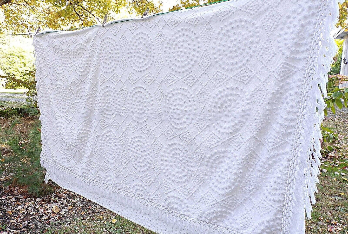 Vintage White Chenille Bedspread, Handtufted Moon & Diamonds, Full Size, Fringe Trim