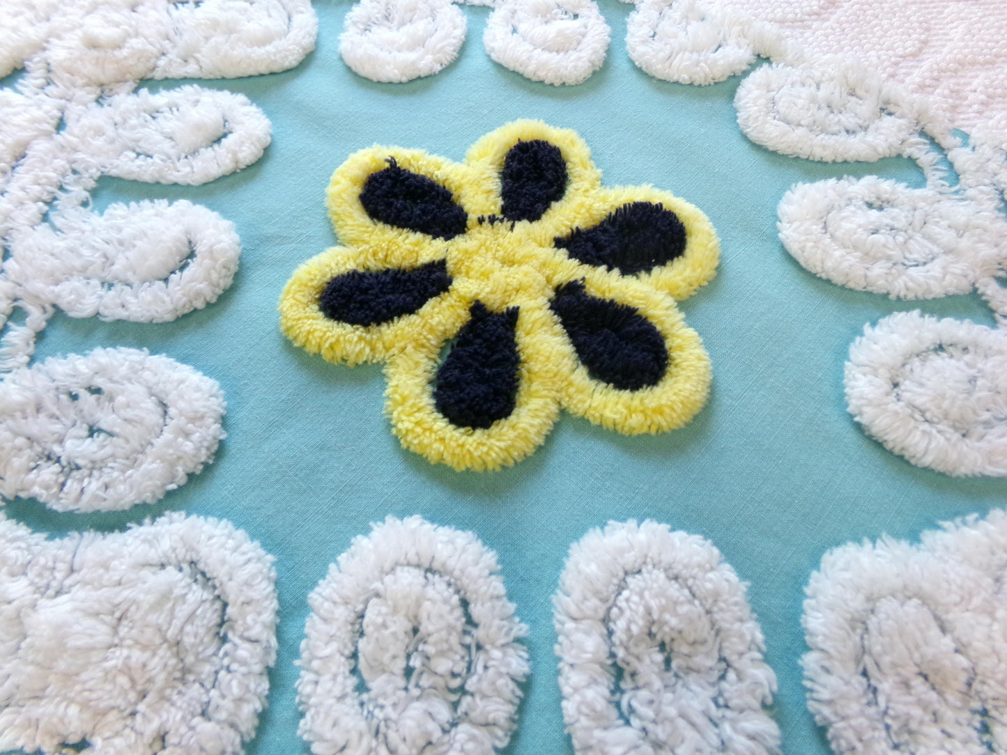 beach girl vintage chenille fabric, frothy white, seaglass blue, 20" x 25" piece of cotton sewing material for crafts, quilts, pillows