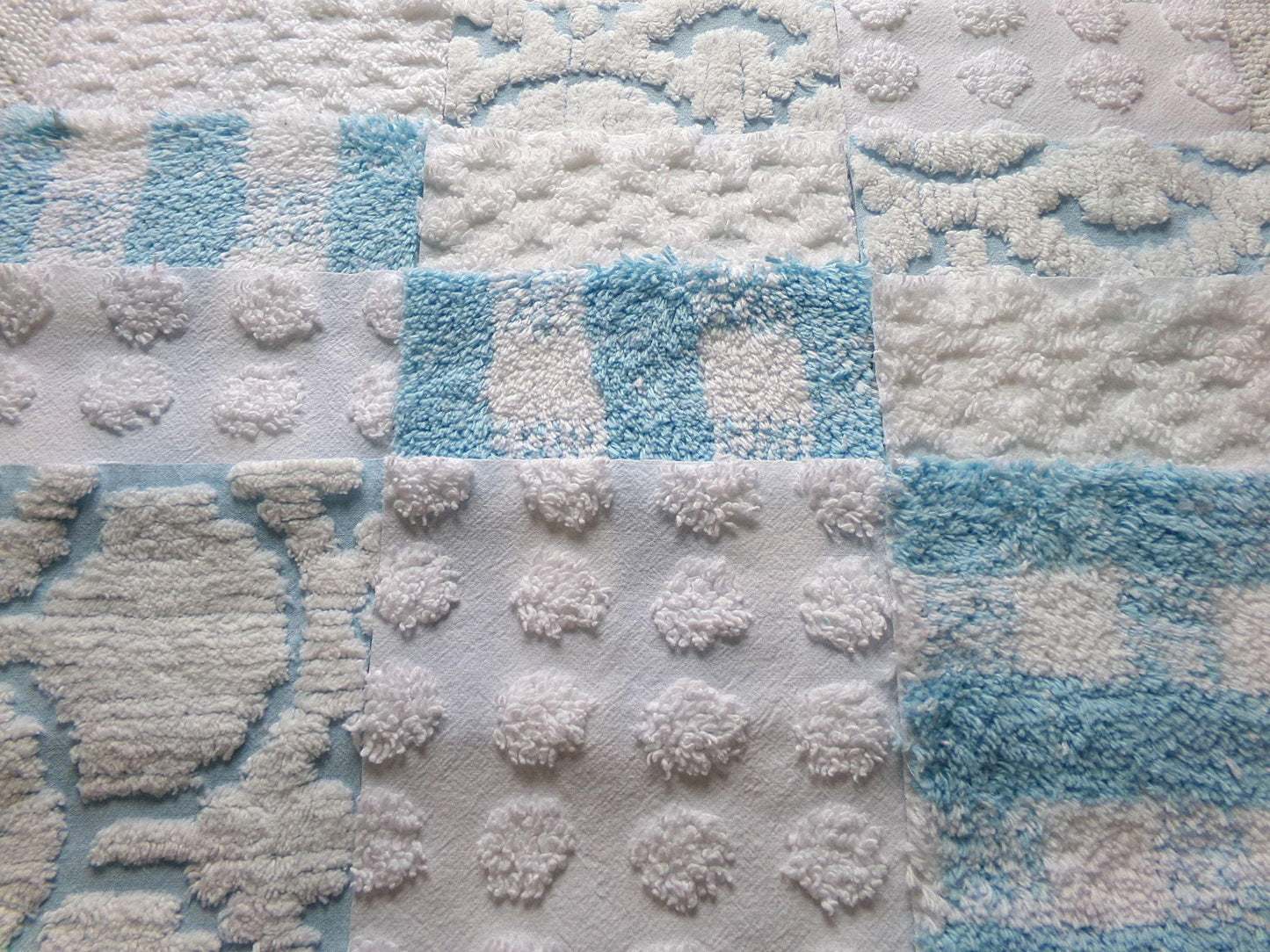 country gal chenille fabric squares, 16 vintage 6" quilt blocks in cool blue & white, for sewing, crafts, fiber arts