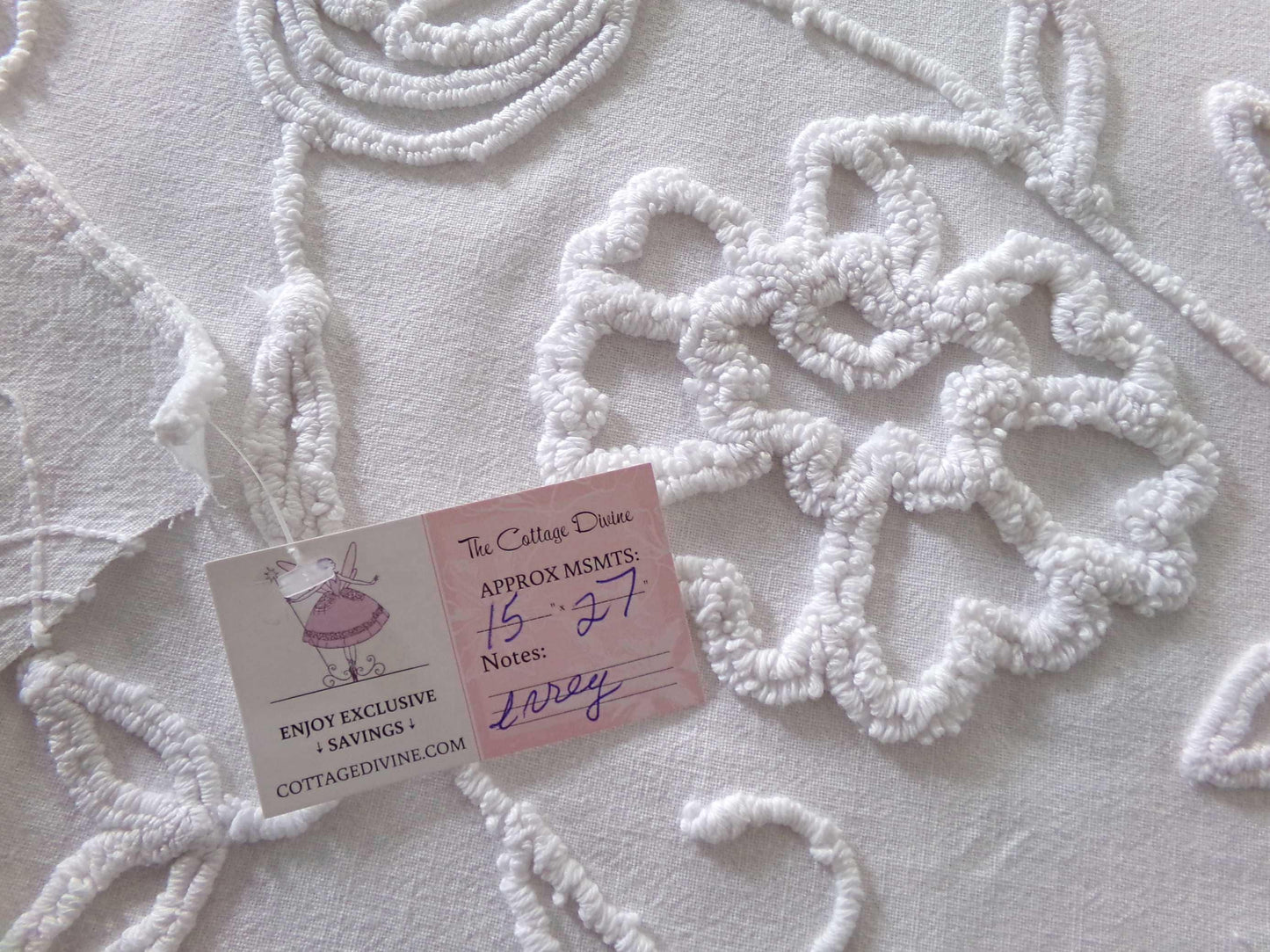 sophisticated white floral vintage chenille fabric, cotton sewing material, 15" x 27" inch piece for crafts & quilting