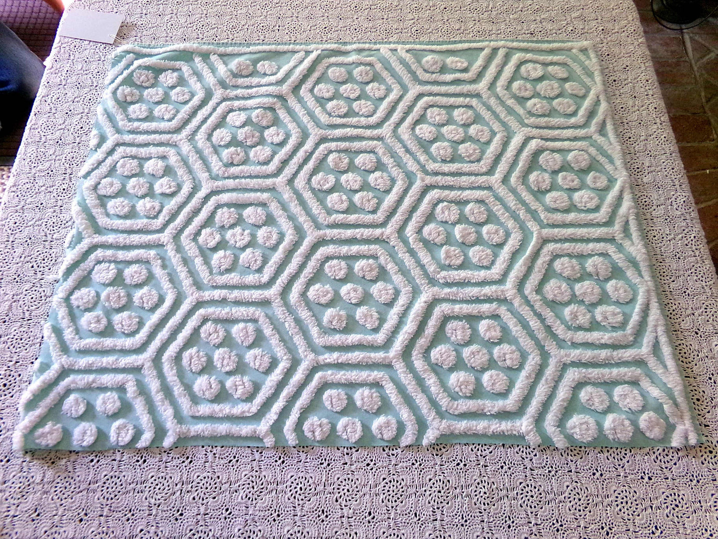 Plush Puffs Vintage Chenille Fabric, 20" x 25" Inch Aqua & White Piece, Rare Geometric Hexagon Design by Hofmann Textiles