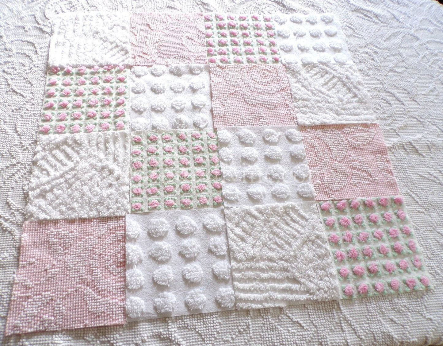 Cottage Classics Chenille Quilt Squares Set from Vintage Bedspread Fabric, 16 Blocks, 6" inch