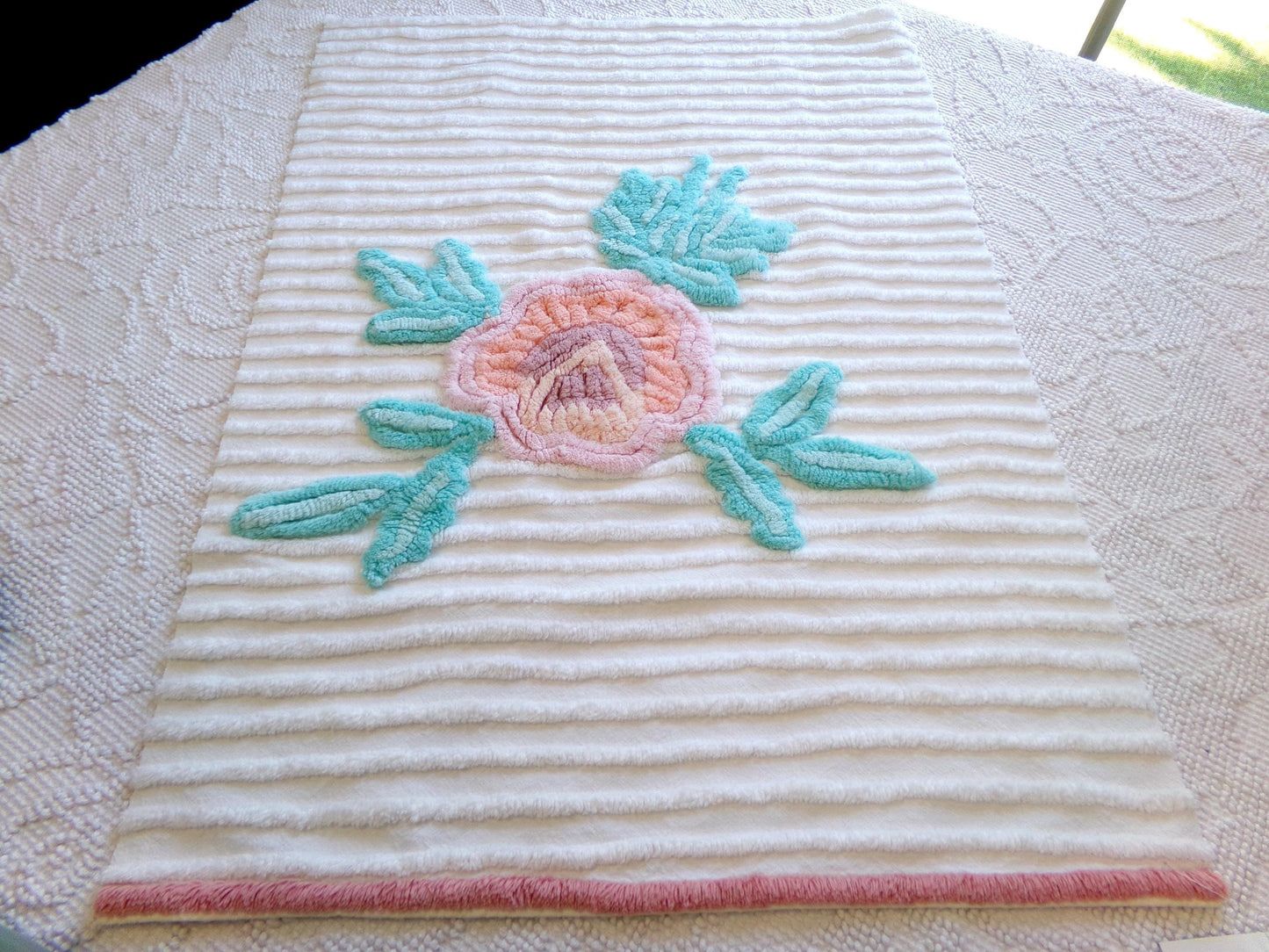 Vintage Chenille Fabric: Single Rose Cotton Sewing Material 23" x 16"