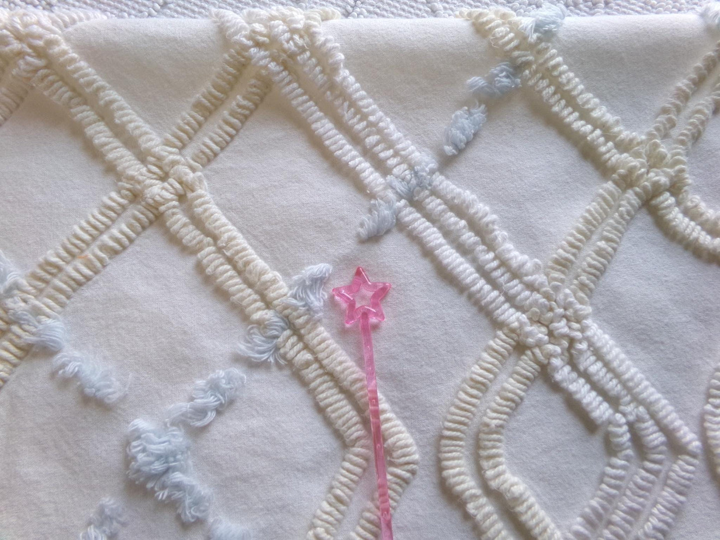 Coastal Life Vintage Chenille Fabric, Tonal Cream Geometric Design, Sky Blue Puffs, 20" x 24" Piece of Sewing Material for Quilting, Crafts