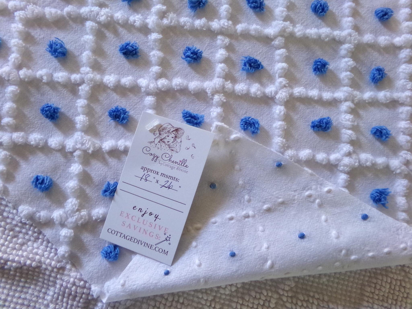 blueberry & white snowdrop pops chenille fabric, 18" x 26" inch piece of vintage sewing material for quilting, crafts
