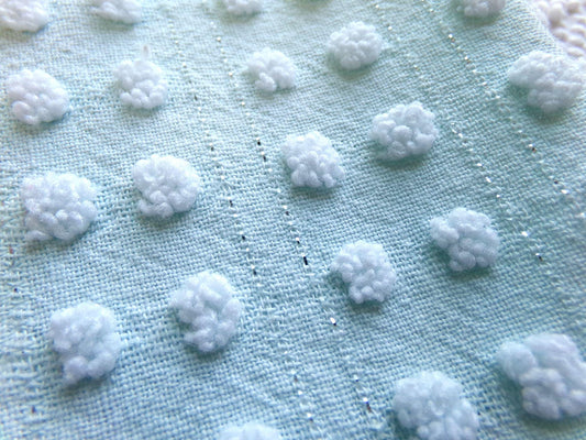 vintage chenille pops fabric, white popcorns on light aqua, shimmer lurex double dot design, 19" x 28" piece of sewing material