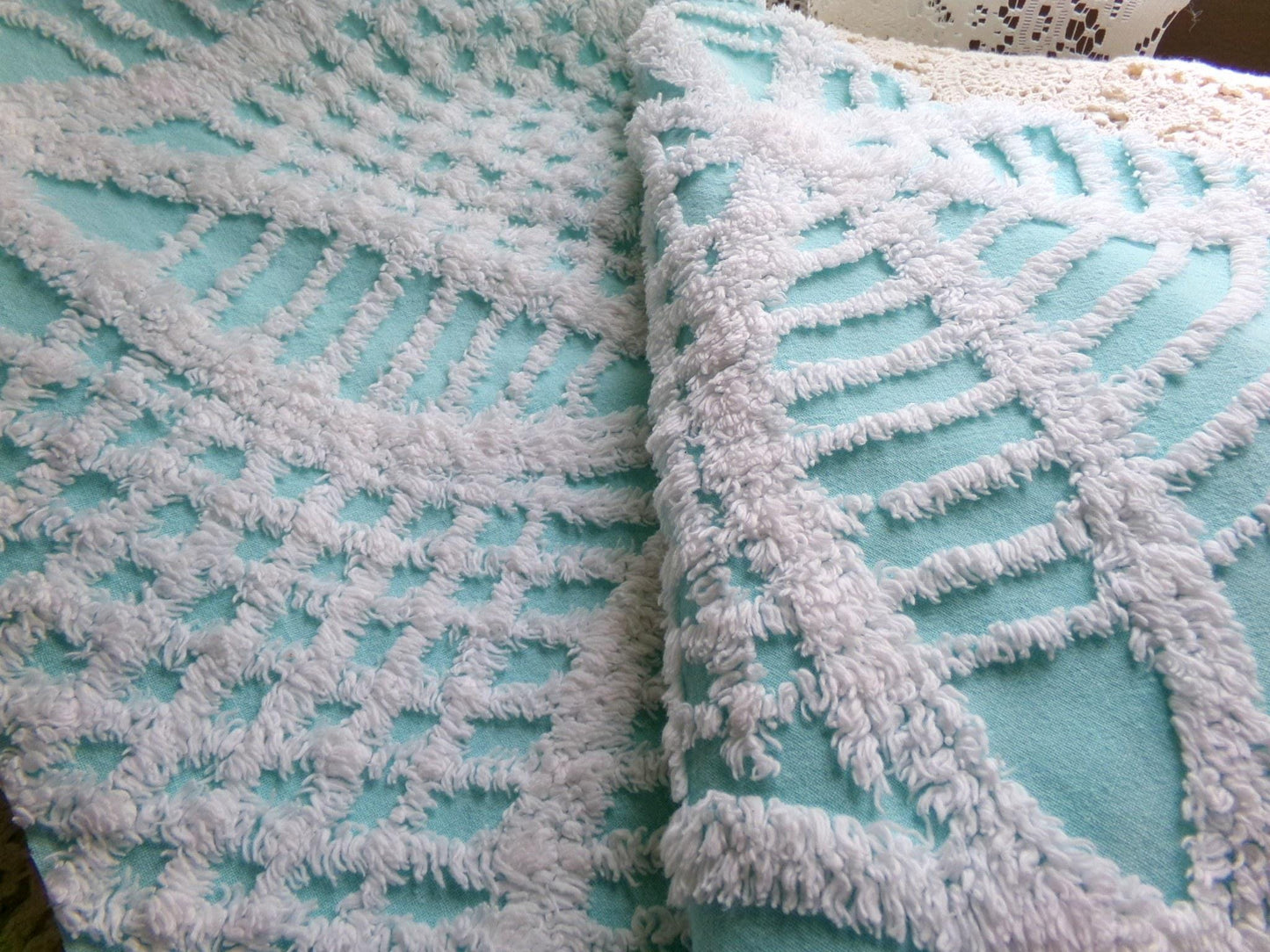 popular coastal aqua & white vintage chenille fabric, geometric chenille tufts, 20"x 25" inch piece of quilt sewing material