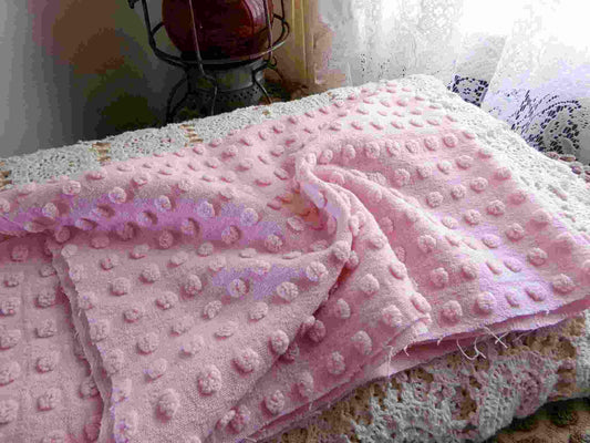 Cute Little Pink Popcorns Vintage Chenille Fabric, Pops Design, 23" x 25" Inch Piece, Sewing Material for Quilts & Crafts