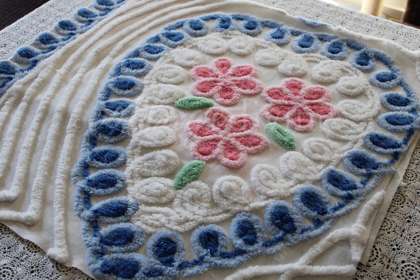 Adorable Pink & Blue Heart Roses Vintage Chenille Fabric, Classic 50s Design, 39" x 23" inch LARGE piece