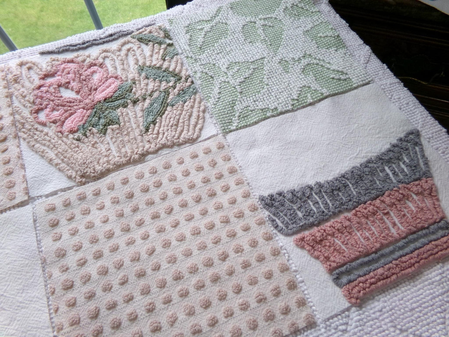 rose garden chenille fabric squares, set of 8 vintage 7.5" quilt blocks, neutrals & chic florals, for sewing, crafts, quilting