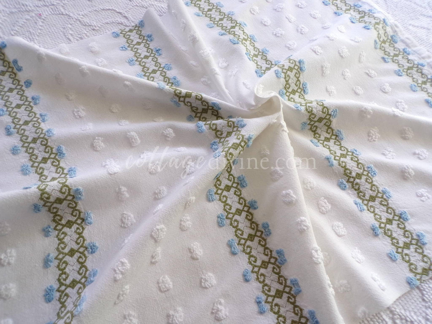 delicate vintage chenille fabric in abstract blue ivy rosebuds & white pops, 26" x 21" inch piece of quilt sewing material