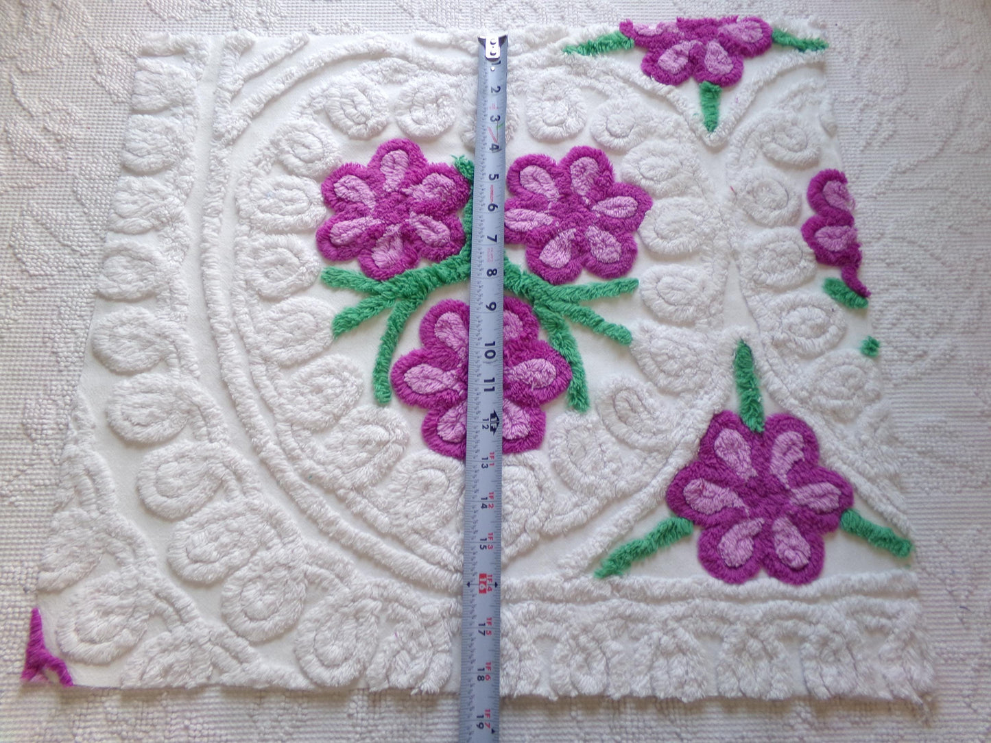Whimsical Violets Vintage Chenille Fabric, 18" x 20" Inch Piece Plush White Cotton Sewing Material, Great for DIY Pillow
