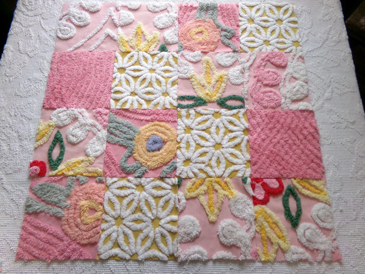 vintage chenille fabric squares, "autumn sunrise" set of 16 golden pink floral 6" quilt blocks for quilting, crafts, sewing
