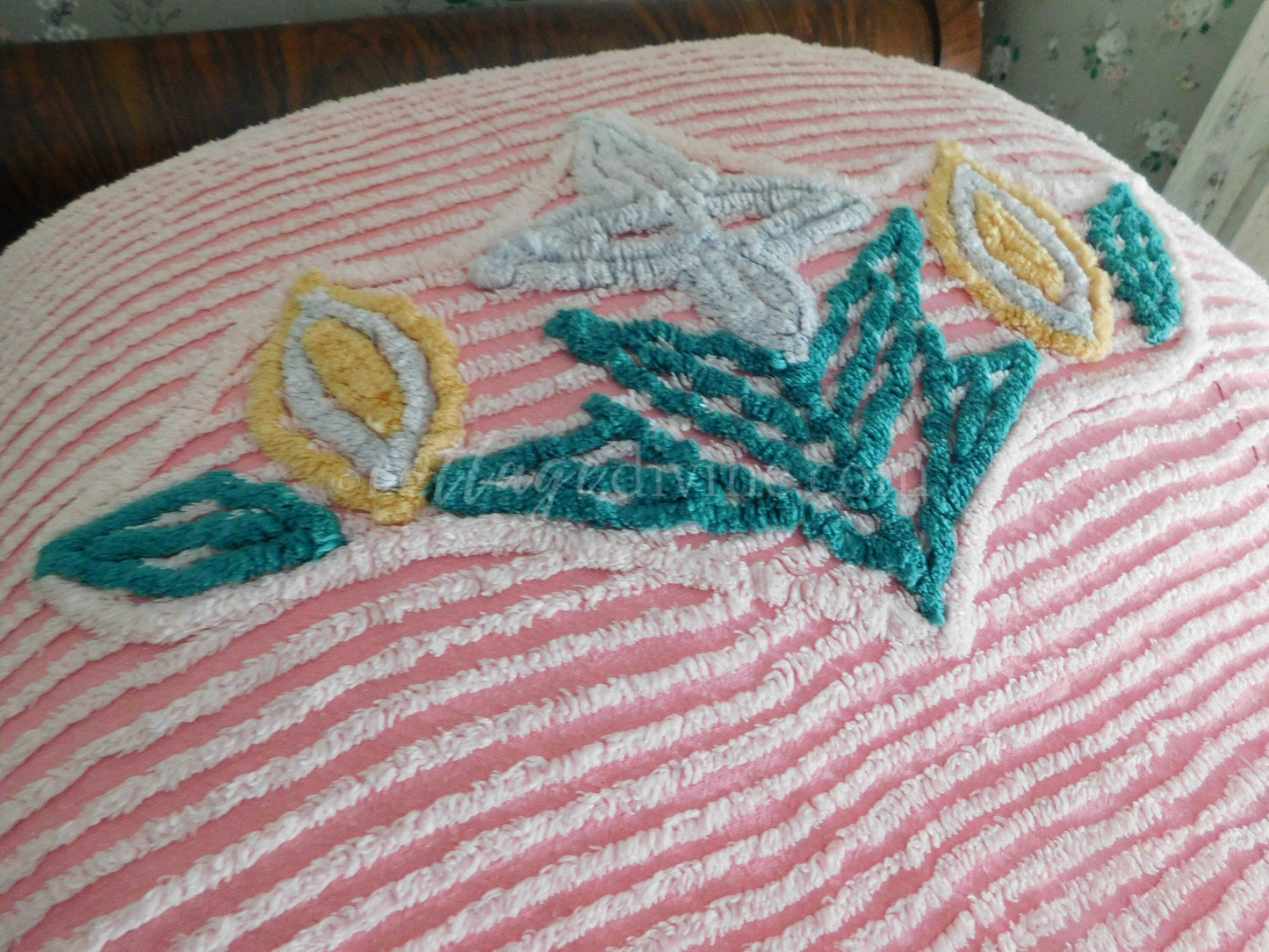Vintage Chenille Bedspread, Giant Flower Basket on Pink, Full Size, 100% Cotton, Shabby Cottage Bedding