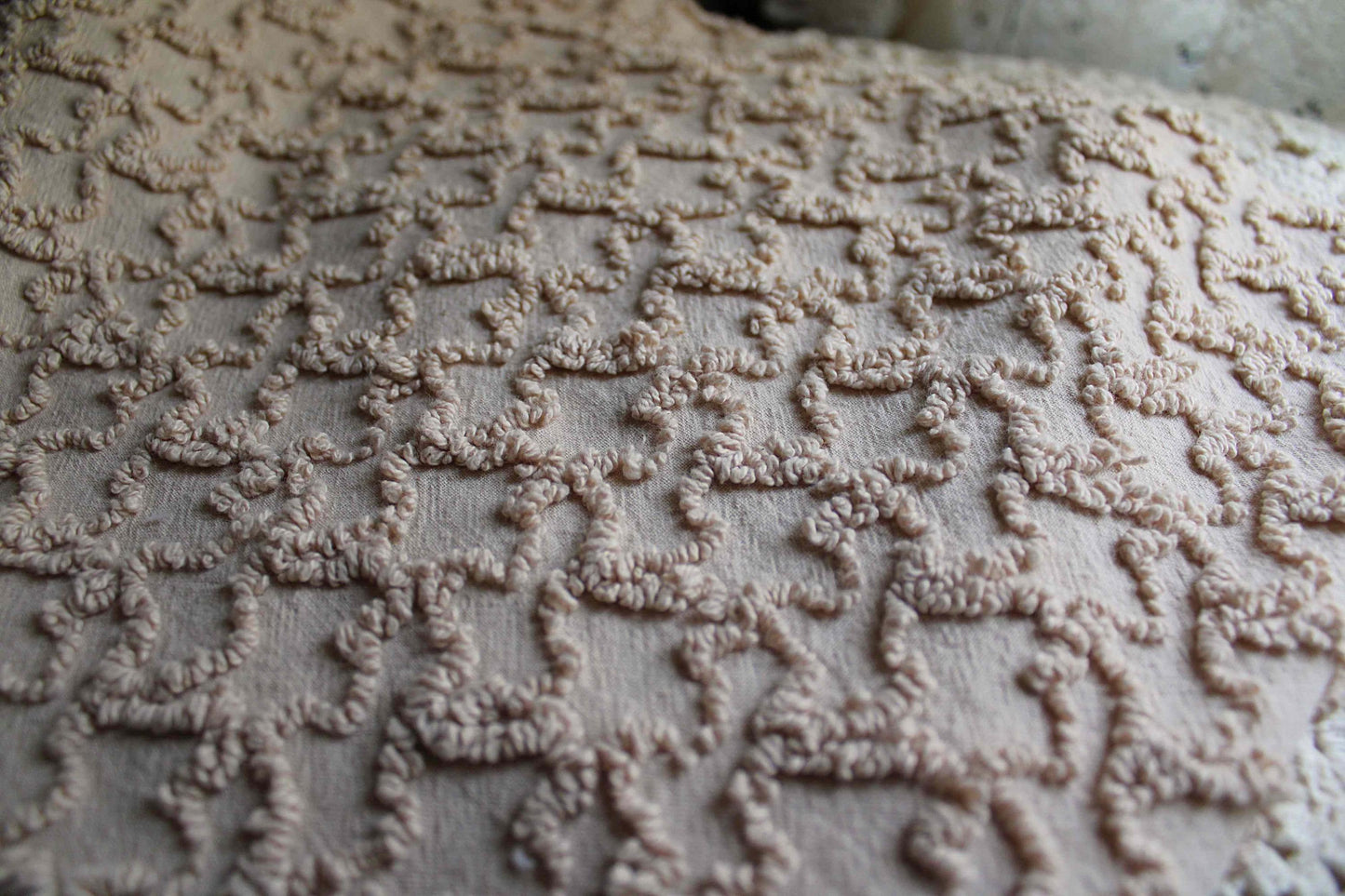 neutral vintage chenille fabric, sandy mocha texturized squiggles, 20" x 24" inch piece, 100% lightweight cotton