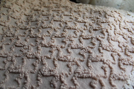neutral vintage chenille fabric, sandy mocha texturized squiggles, 20" x 24" inch piece, 100% lightweight cotton