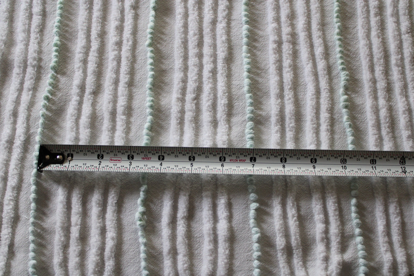 Mint Green Pearl Pops Vintage Chenille Quilt Fabric, White Skinny Stripes, 17" x 23" inch Piece, 100% Cotton