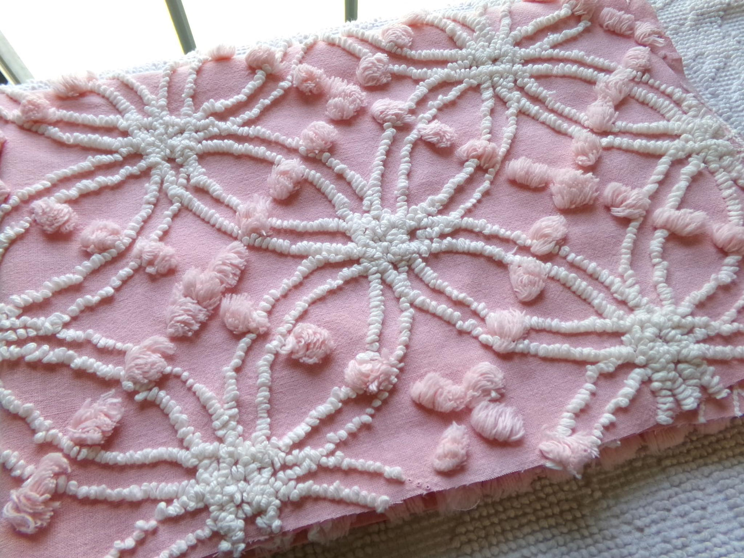 divinely feminine pink chenille fabric, 18" x 24" inch piece of vintage cotton sewing material, lovely in handmade chenille quilts & pillows