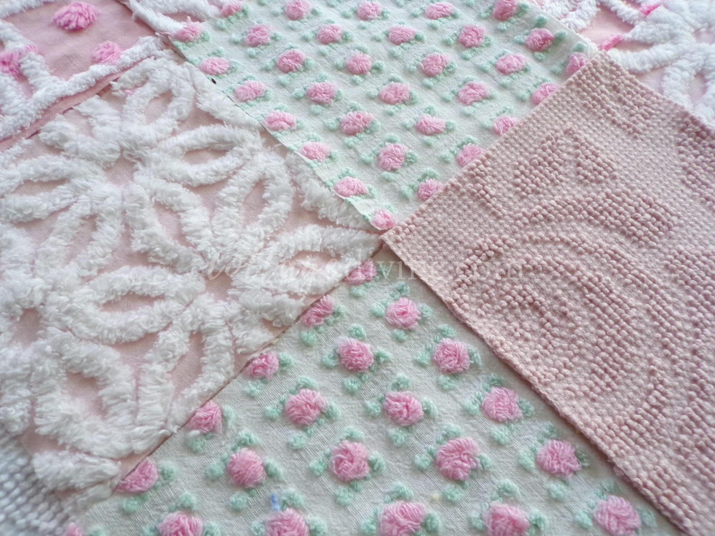angel pinks vintage chenille fabric squares, rosebuds, daisy patterns, set of 16 quilting blocks, 6" x 6" each, pretty in patchwork pillows