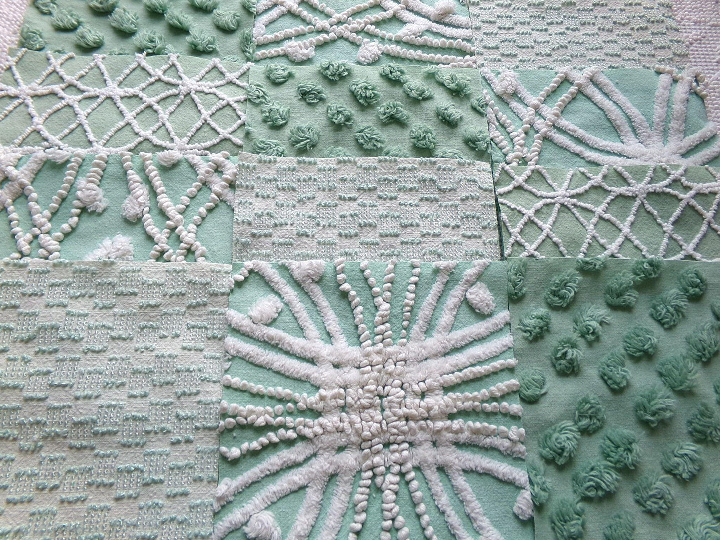gorgeous green chenille fabric squares, set of 16 vintage 6" craft blocks, geometric designs for quilt inlays, pillows, fiber arts