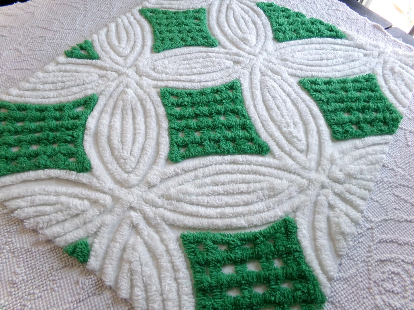 preppy chenille fabric, plush kelly green & white 23" x 20" inch piece of vintage sewing material for pillows, quilting, crafts
