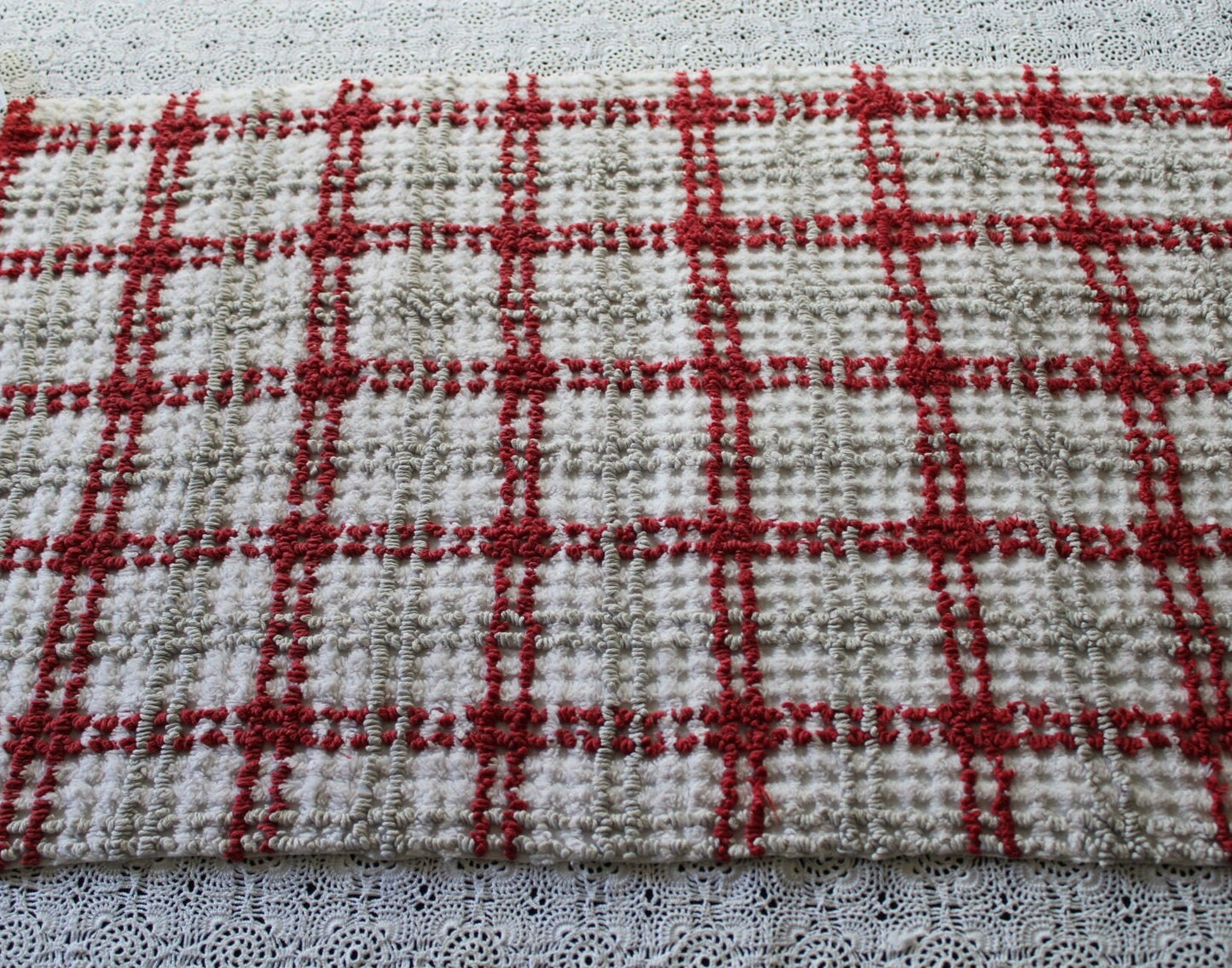 Chic Plaid Vintage Chenille Fabric, Maroon & Grey Needletufting on White Grid, 20" x 24" inch Piece, 100% Cotton