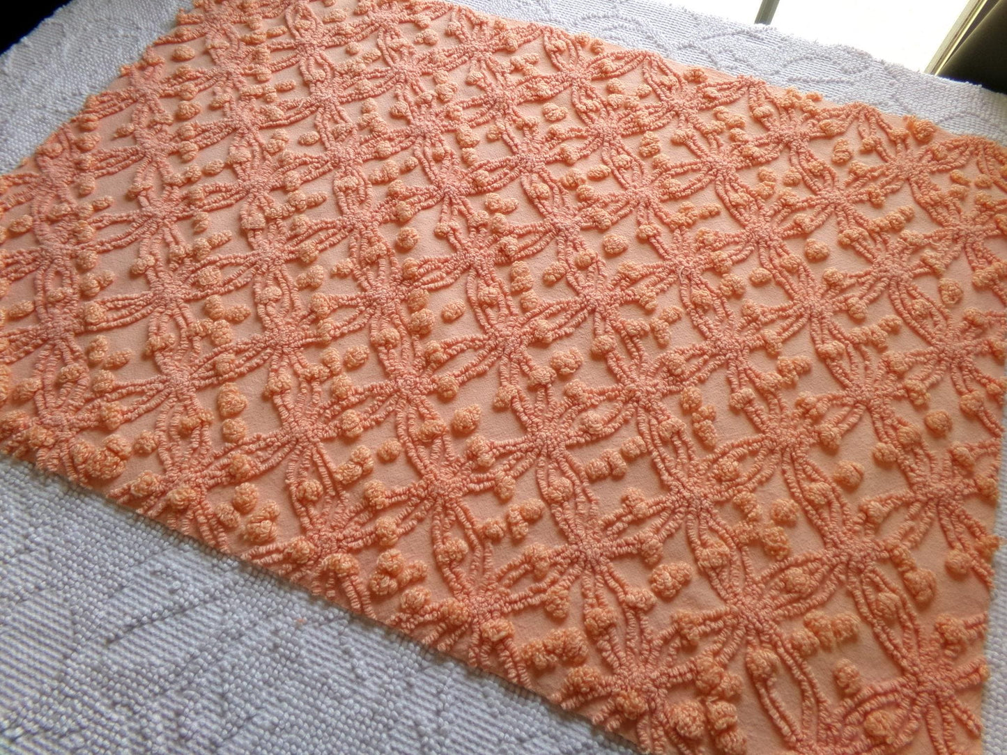 delicious peach vintage chenille fabric, 18" x 24" inch piece of cotton quilt & sewing material, overtufted pops wedding ring design