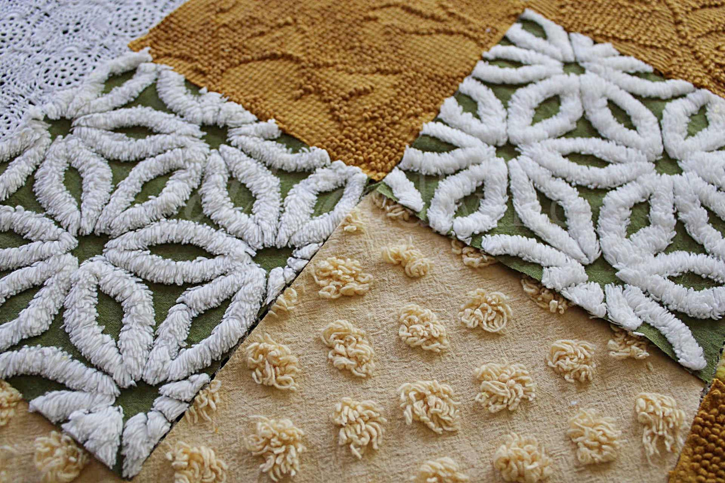 SuMmeR of LoVe Chenille & Velvet Quilt Squares Set, from Vintage Bedspread Fabric, 16 Blocks, 6" x 6" inches each, Earthtone Hippie Vibes