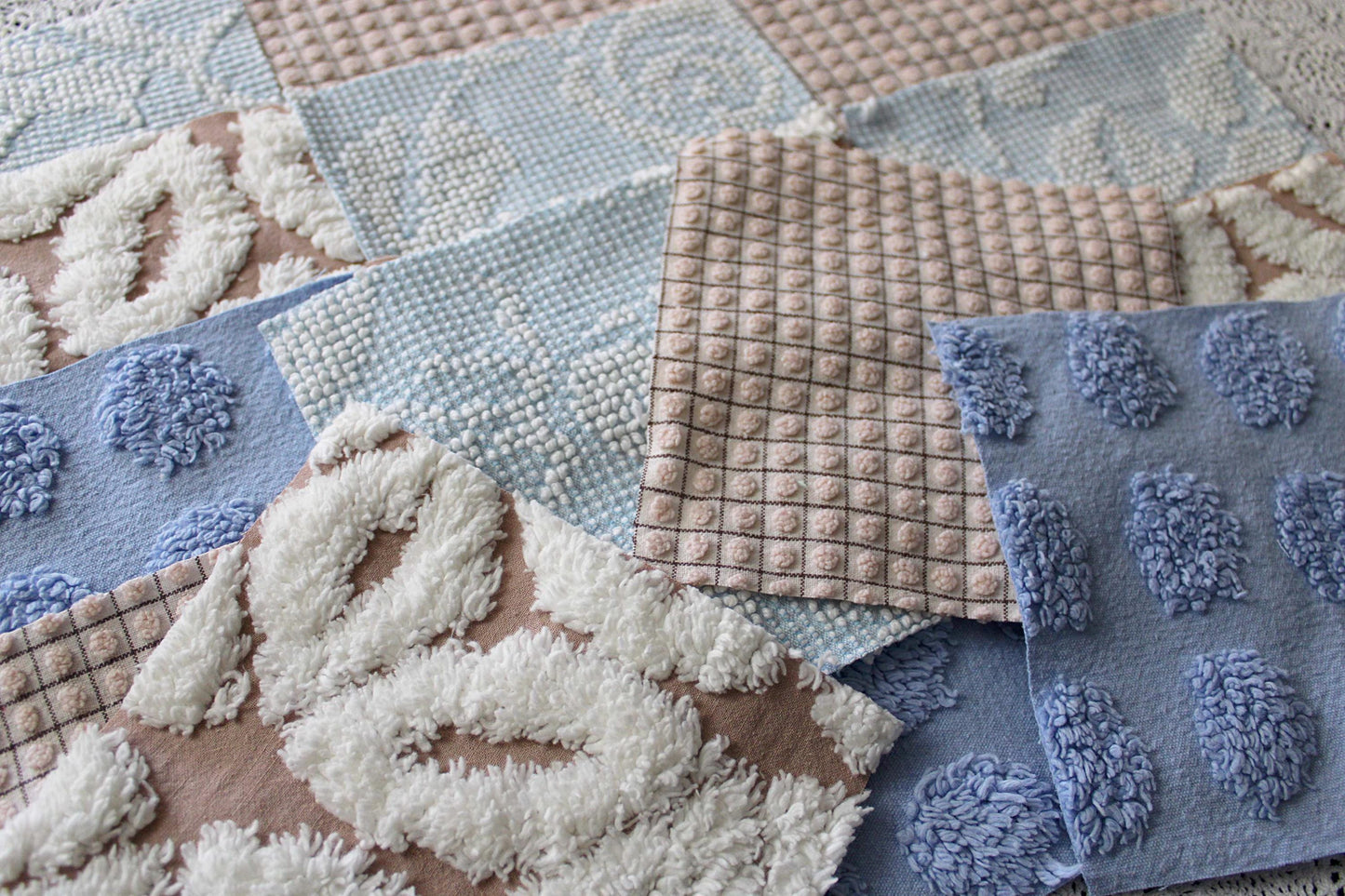 Beach Walk Vintage Chenille Fabric Squares, Blue, White & Sand Craft Square Set, 16 Blocks, 6" x 6" inch, Modern Chic