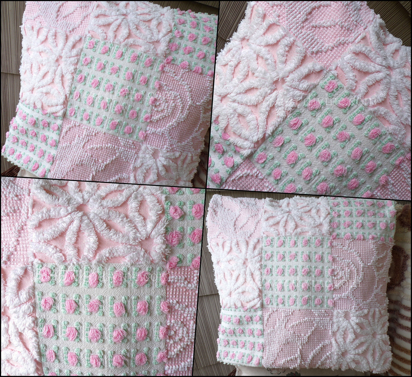 Cottage Fantasy Chenille Pillow Cover 16" x 16" inch Square, REVERSIBLE Patchwork Pink Accent Pillow from Vintage Chenille Bedspread Fabric