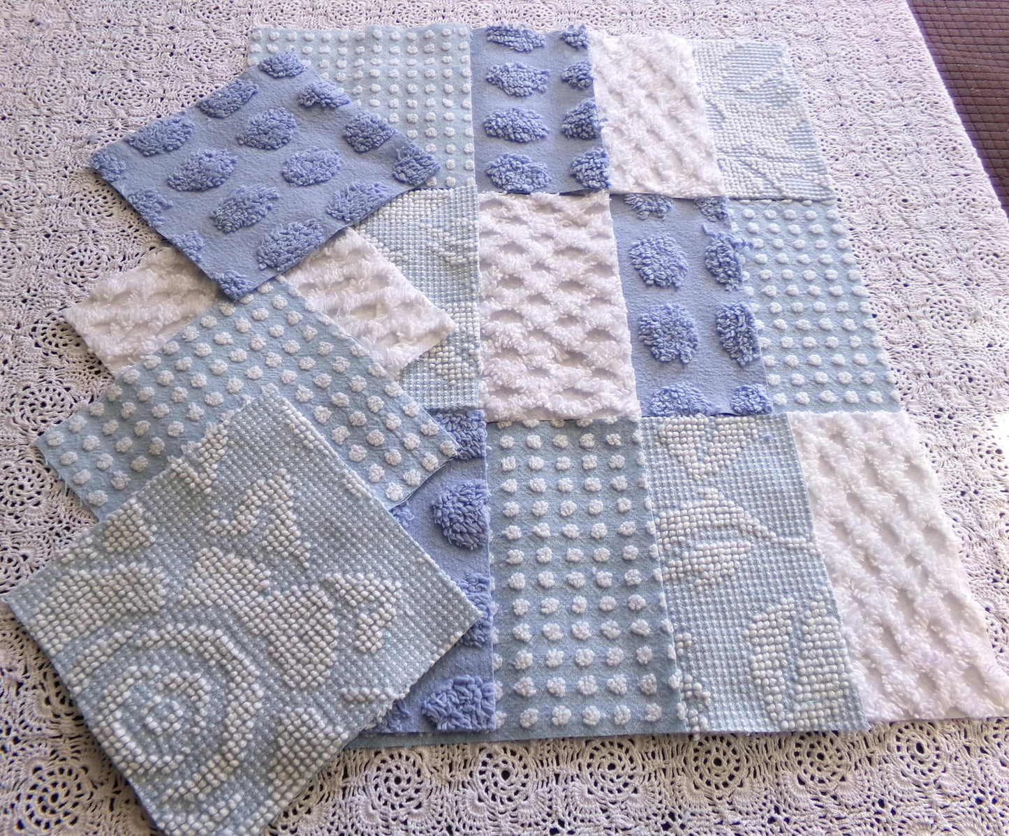 Cool Blues Chenille Fabric Squares for Quilting & Crafts in Vintage Blue, White - 16 Rotary Cut Blocks, 6" x 6" inch