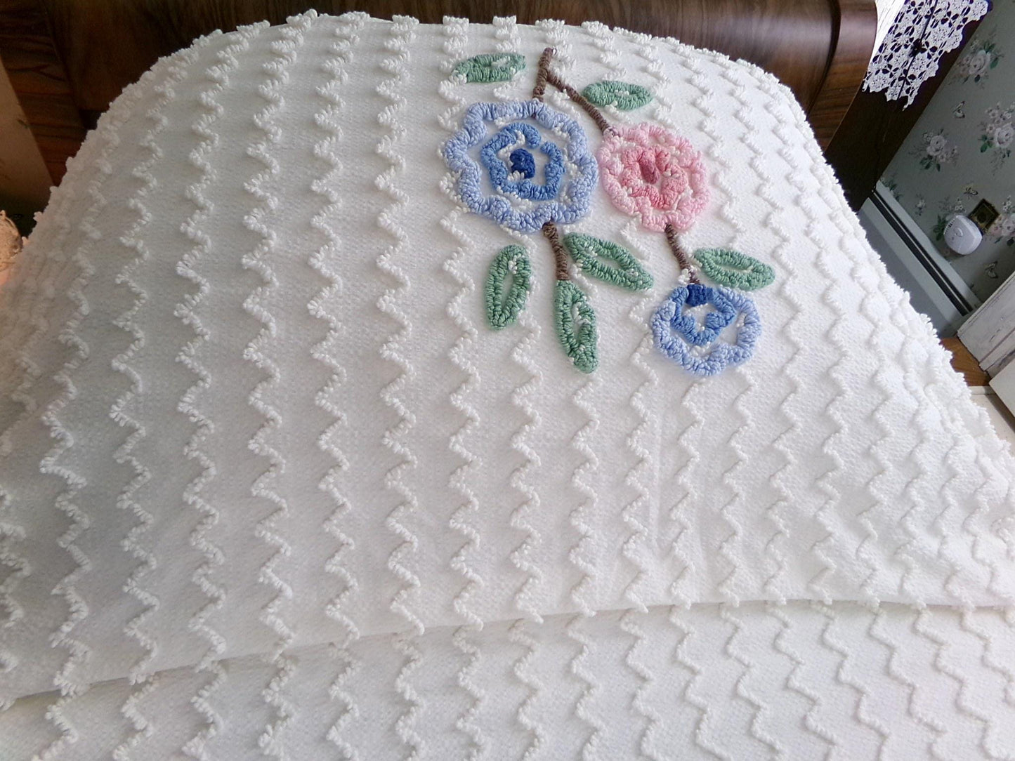 beach cottage seersucker vintage bedspread with tufted chenille zig zags, pink & blue flowers, ruffle accent, twin or full size bedding