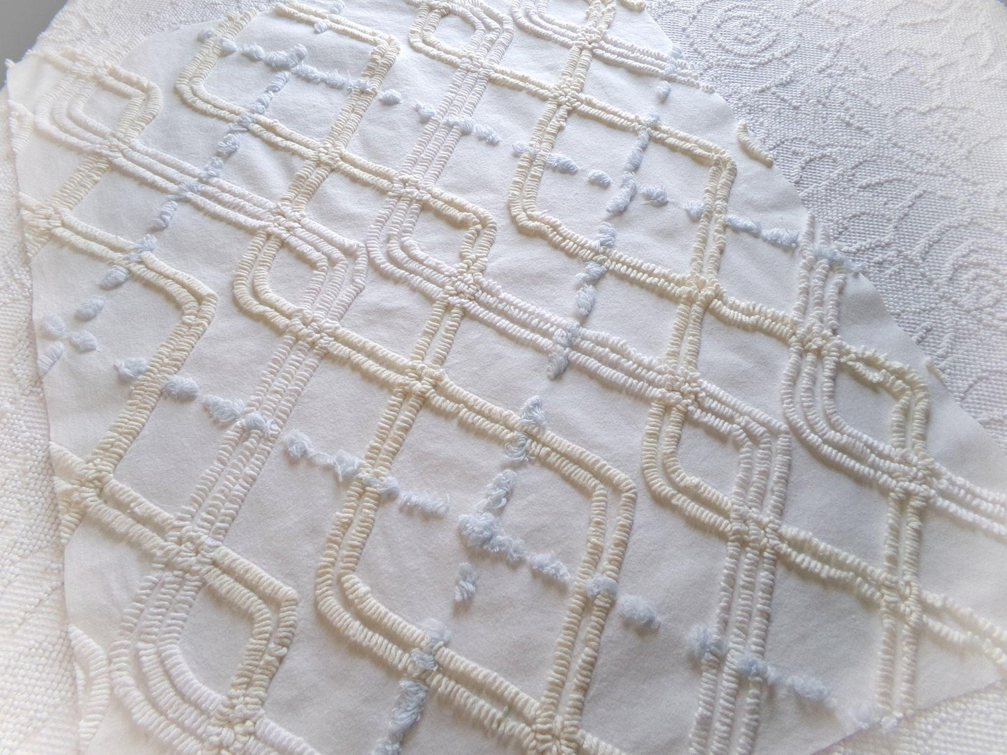 Coastal Life Vintage Chenille Fabric, Tonal Cream Geometric Design, Sky Blue Puffs, 20" x 24" Piece of Sewing Material for Quilting, Crafts