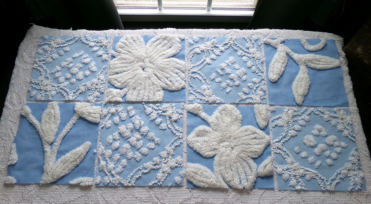 coastal breeze chenille fabric squares, set of 8 vintage 7.5" quilt blocks, blue geometric, white floral for sewing, crafts, quilting