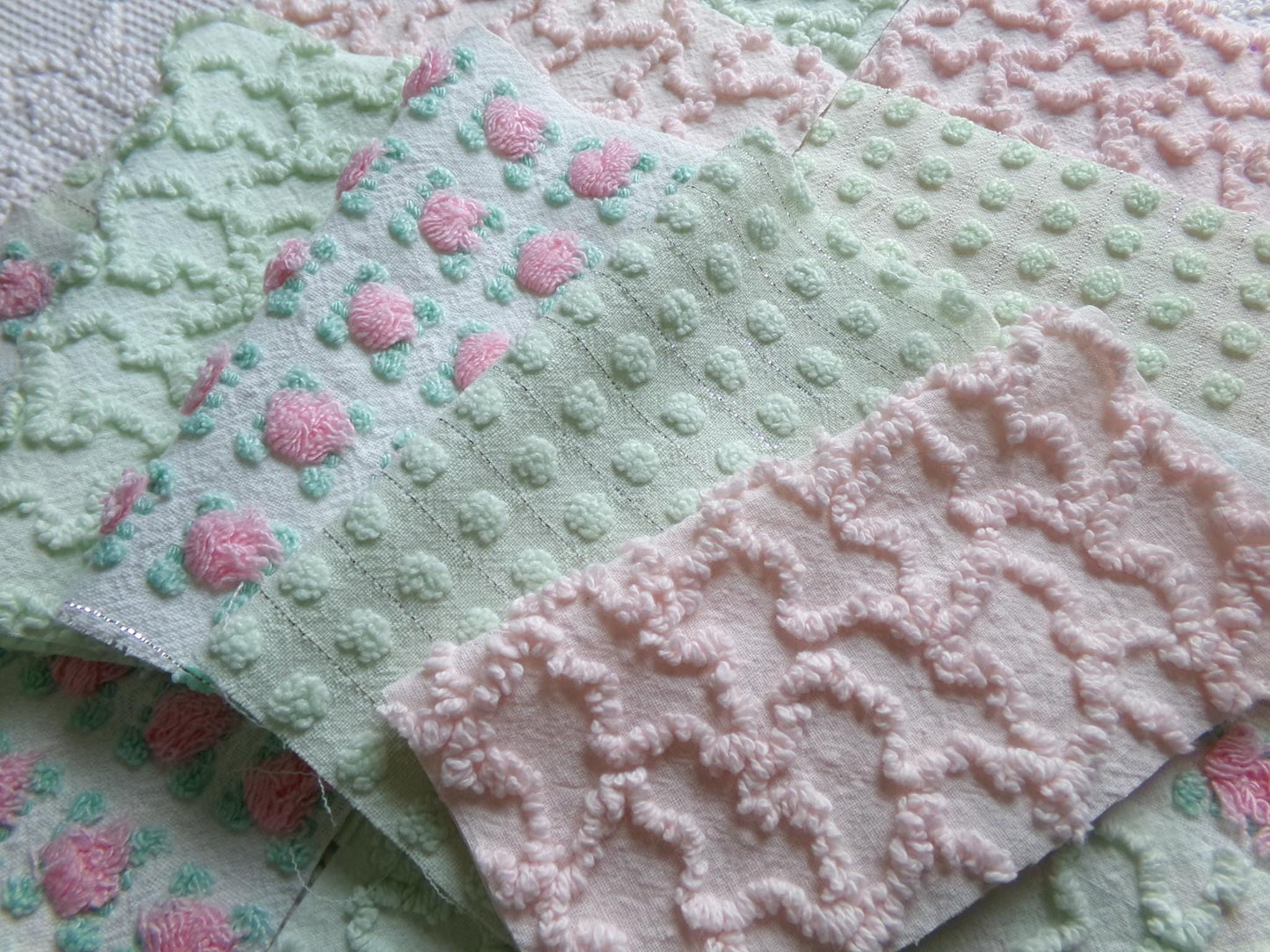 fairytale pink & green chenille fabric squares, set of 12 vintage 6" quilt blocks in crafty girl's dozen, popular squiggles, rosebud, dots