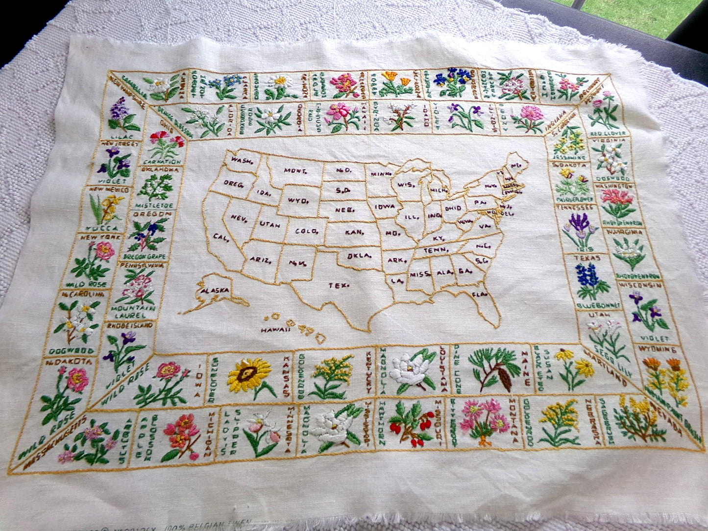 Vintage Embroidery Sampler 50 United States Flowers USA Map Heirloom Piece on 100% Belgian Linen, Paragon Stitchery, Completed, Unframed