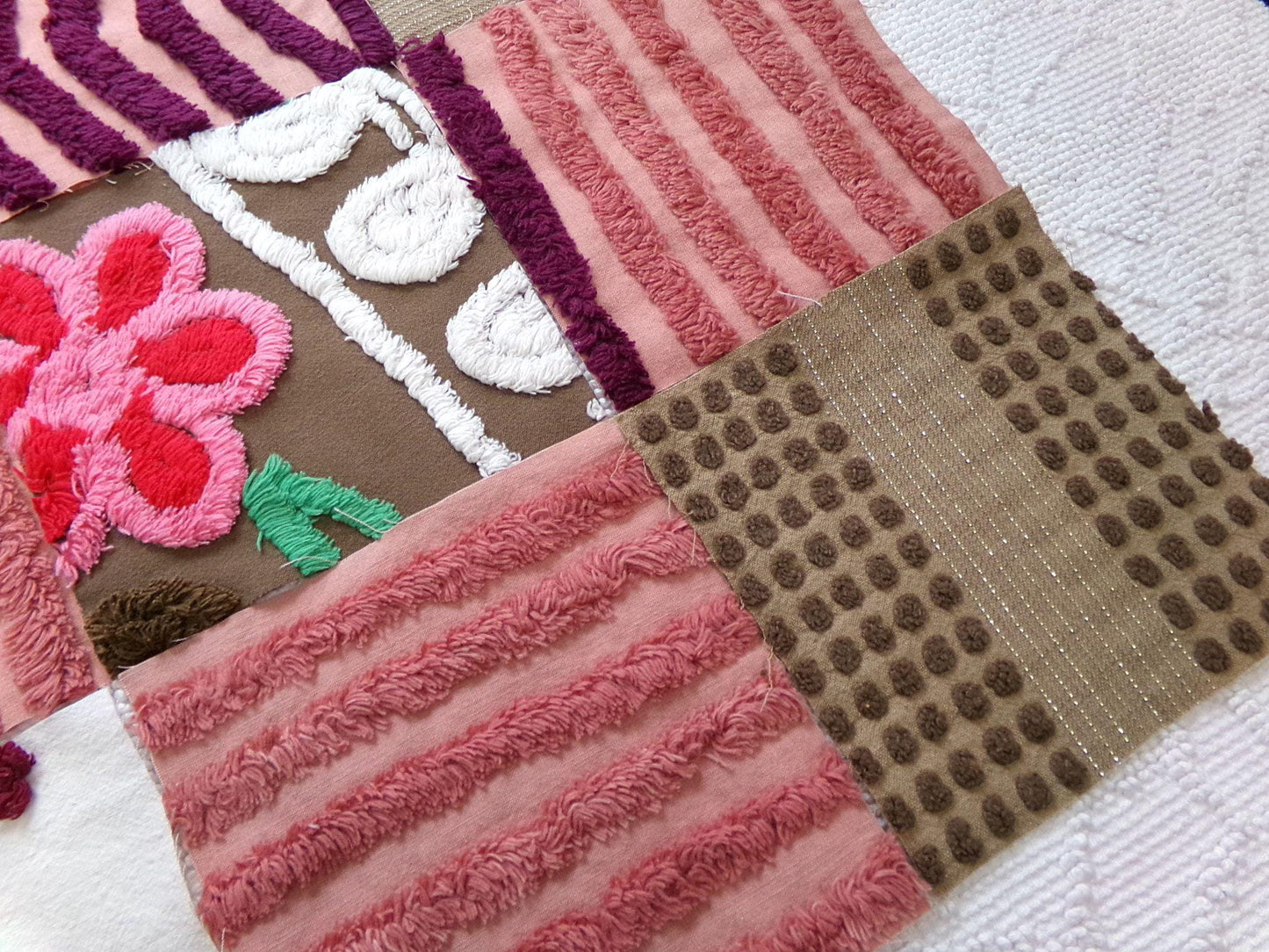 chocolate cake vintage chenille fabric squares, set of 16 yummy 6" craft blocks in brown & mauve pink for quilt inlays, pillows, fiber arts