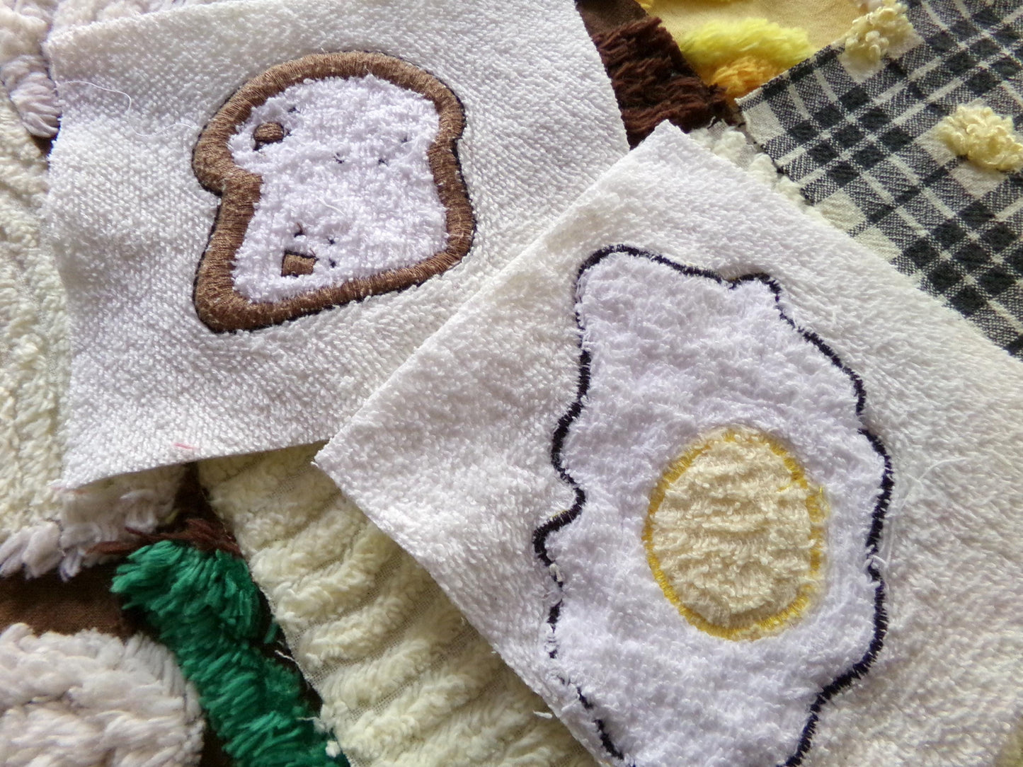 retro diner vintage 6" chenille squares, set of 16 novelty quilt blocks cut from vintage chenille bedspread fabrics, breakfast eggs & toast
