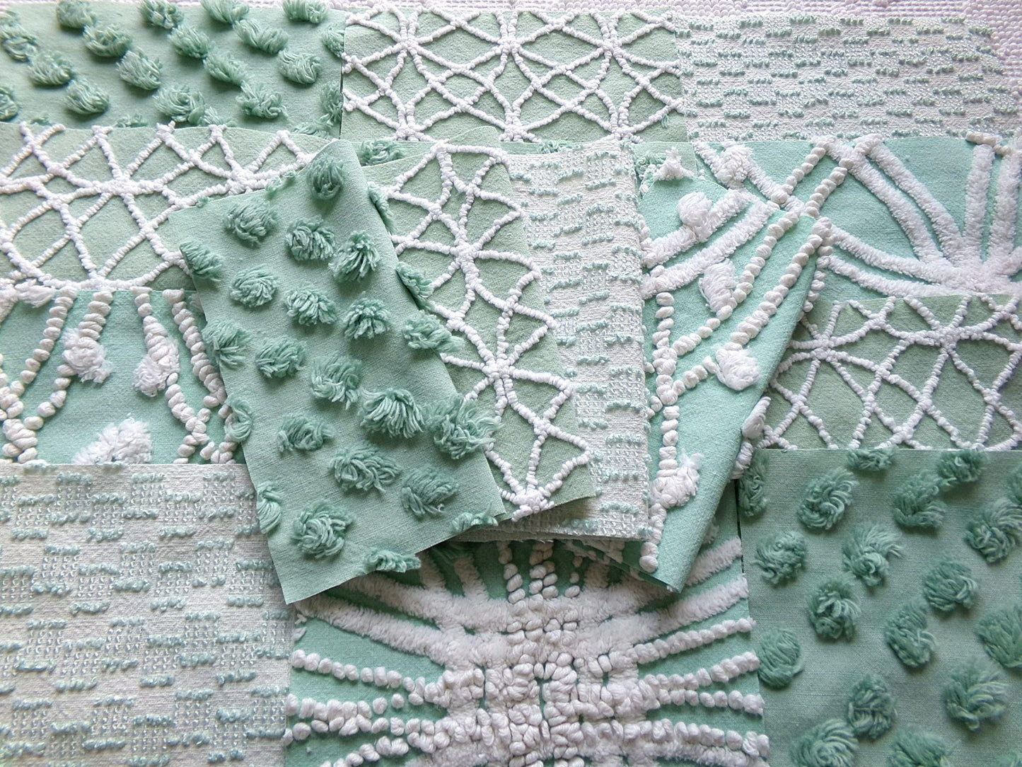 gorgeous green chenille fabric squares, set of 16 vintage 6" craft blocks, geometric designs for quilt inlays, pillows, fiber arts